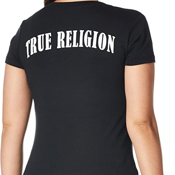 True Religion Black S/S Logo Short Sleeve Rounded V Neck Tee Medium - Picture 2 of 4